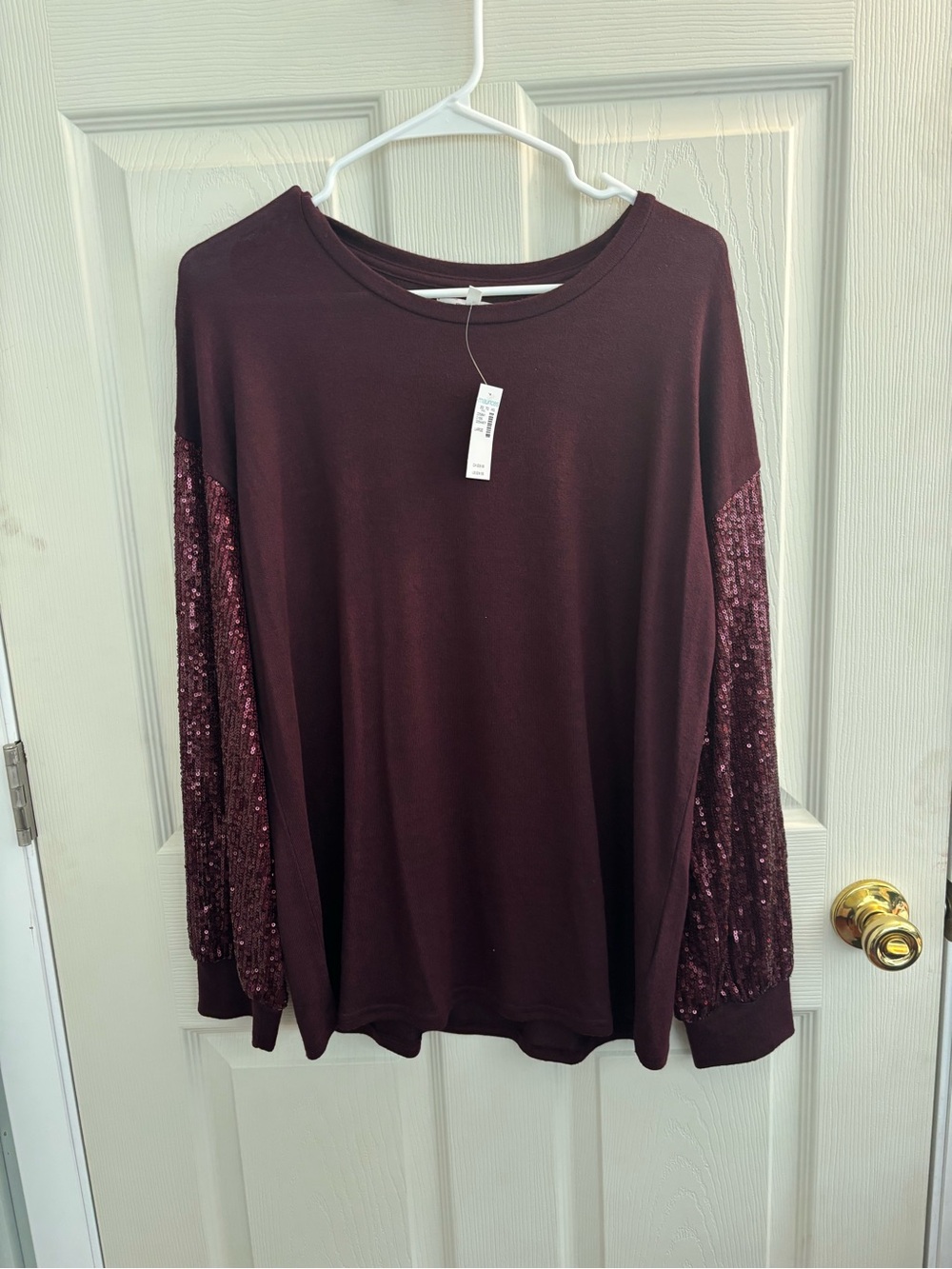 Maurices Burgundy Sequin-Sleeve Long Sleeve Top L NWT